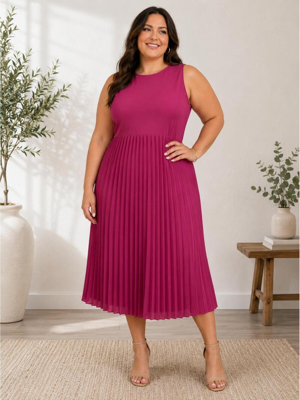 372 DRESSTELLS Large Pleated Midi Dress $47 MSRP Berry Pink 21-22" PTP R0000372